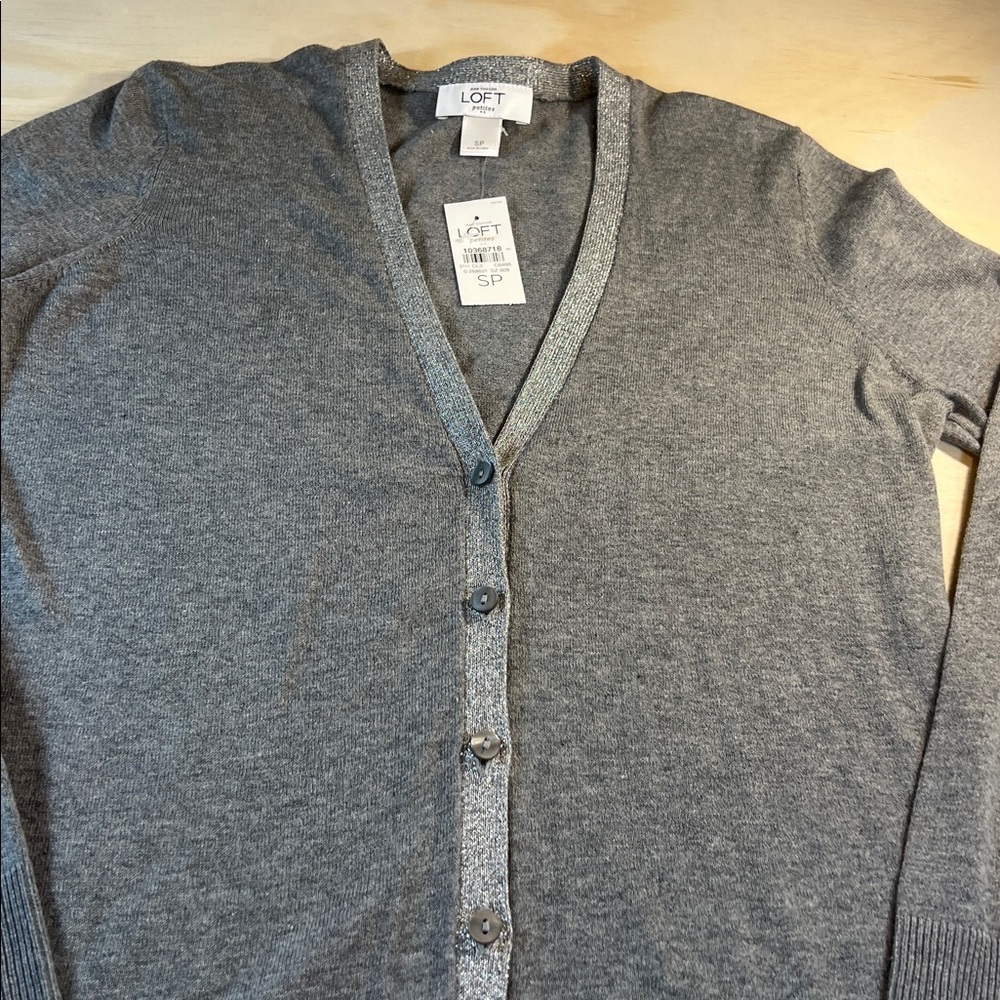 NWT LOFT Charcoal Button-Up Cardigan Silver Sparkle Along Buttons Sz SP